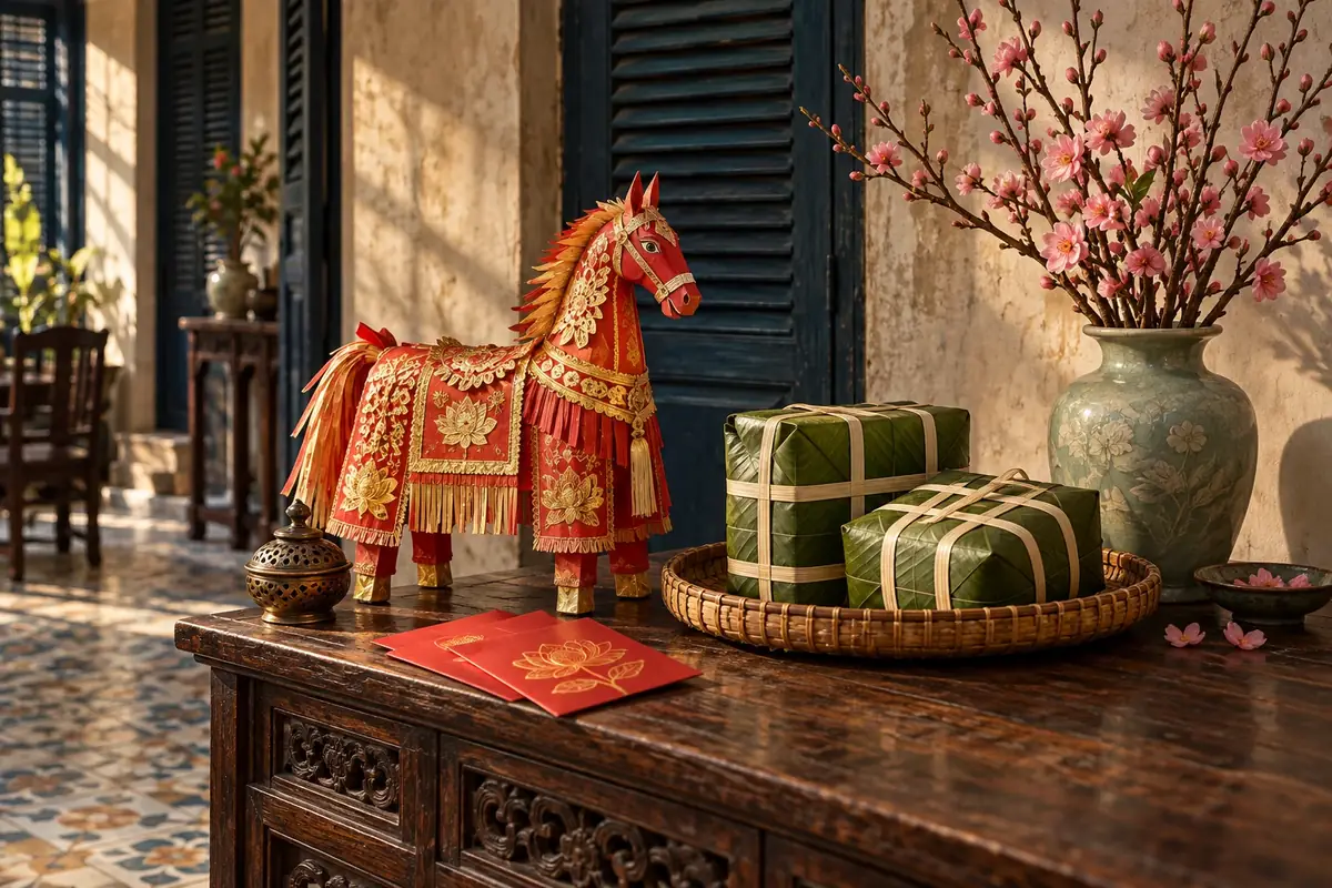 Minh họa bàn thờ ngày Tết với ngựa giấy, bánh chưng, bao lì xì và bình hoa đào